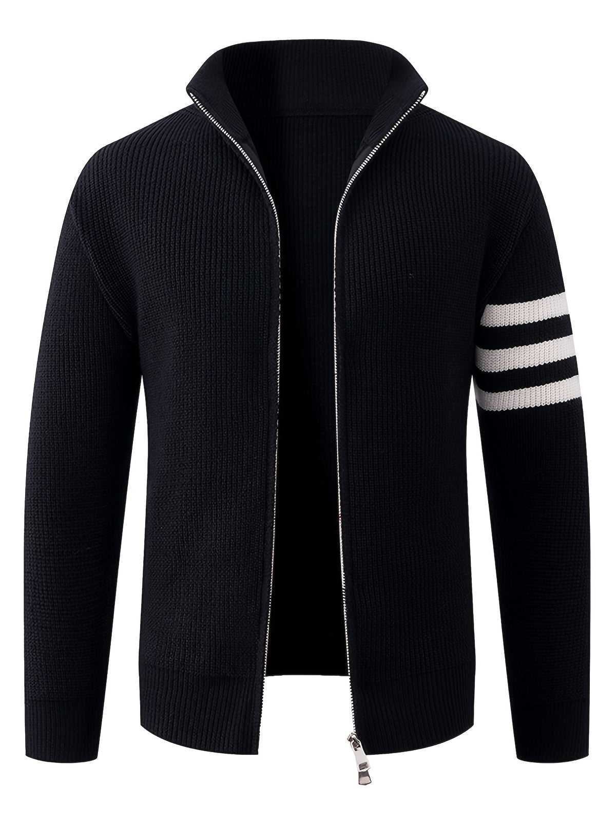 Autumn/Winter New Arrival Half-Turtleneck Striped Knit Cardigan Sweater for Men, Relaxed Style Pullover Jacket Top - Black