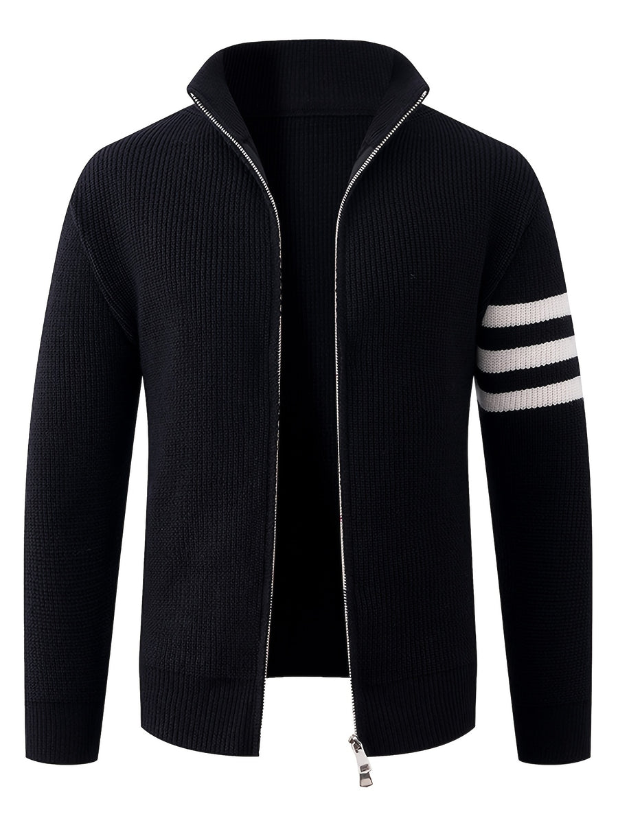 Autumn/Winter New Arrival Half-Turtleneck Striped Knit Cardigan Sweater for Men, Relaxed Style Pullover Jacket Top - Black