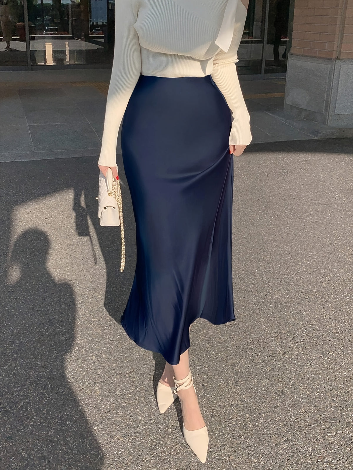 Spring/Summer Women's Slim-Fit Solid Color Satin Mermaid Skirt - Navy Color