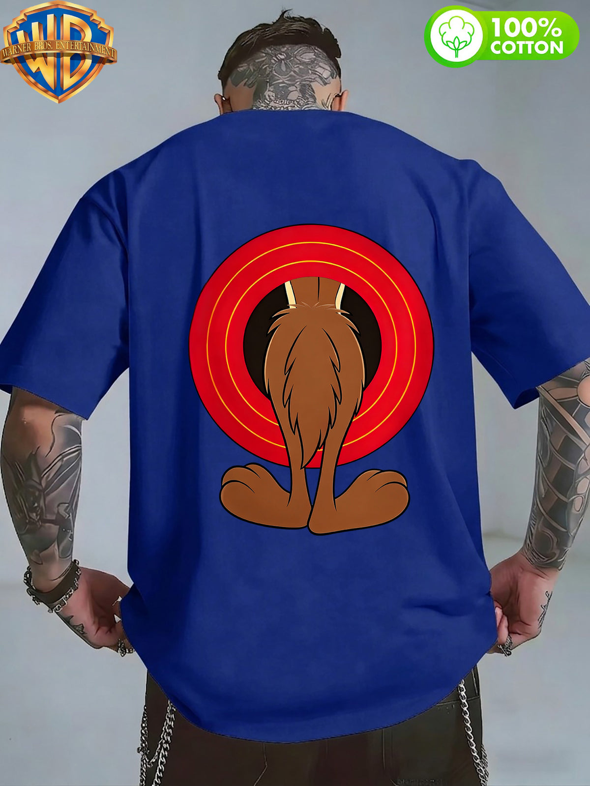 Authorized by Warner Bros., 1pc, American Retro Cartoon Contrast Sense Distorted Heart Wolf Trendy T-Shirt, Men'S 100% Casual Comfortable Versatile Loose Summer Short Sleeve T-Shirt, Double-Sided Print Front And Back, Suitable for Outdoor Wear, Gym - Blue