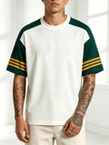 Plus-Size Green And White Patchwork American Retro Print T-Shirt - Three-Stripe Design And Contrasting Color Scheme - Breathable Mesh Fabric Short Sleeves - Lightweight Summer Top - Mixed colors