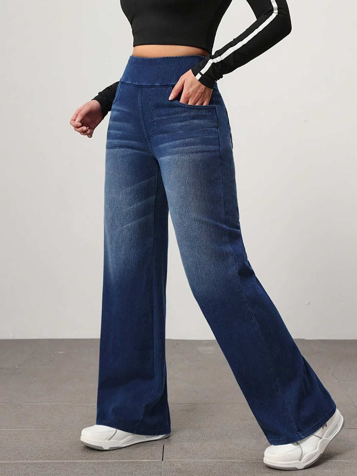 Women'S Loose Wide-Leg Elastic High-Waist Stretch Comfortable Temperament Elegant Women'S Trousers - Deep Blue
