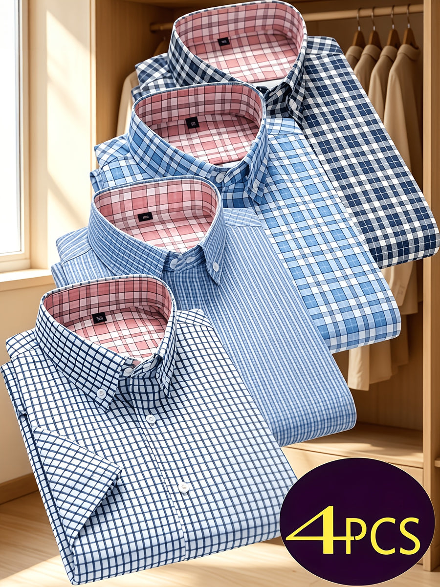 Multi-Color Plaid Men'S Short Sleeve Shirt 4pcs Set, Christmas Gift, Holiday Wear, Office, Date Night, Easy Fit with Festive Style, Casual Wear, Full Holiday Atmosphere, Easy to Get Festive Photos, Easy Cut, Versatile for Layering And Single Wear - Dark Blue + Light Blue + Light Blue + Silvery Gray