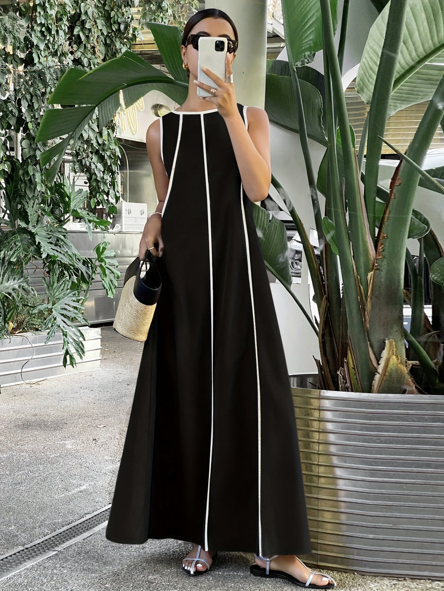 [Size for Regular Fit] Women's Simple Vacation Loose-Fit Comfortable Color-Block Contrast Trim Long Tank Dress - Black