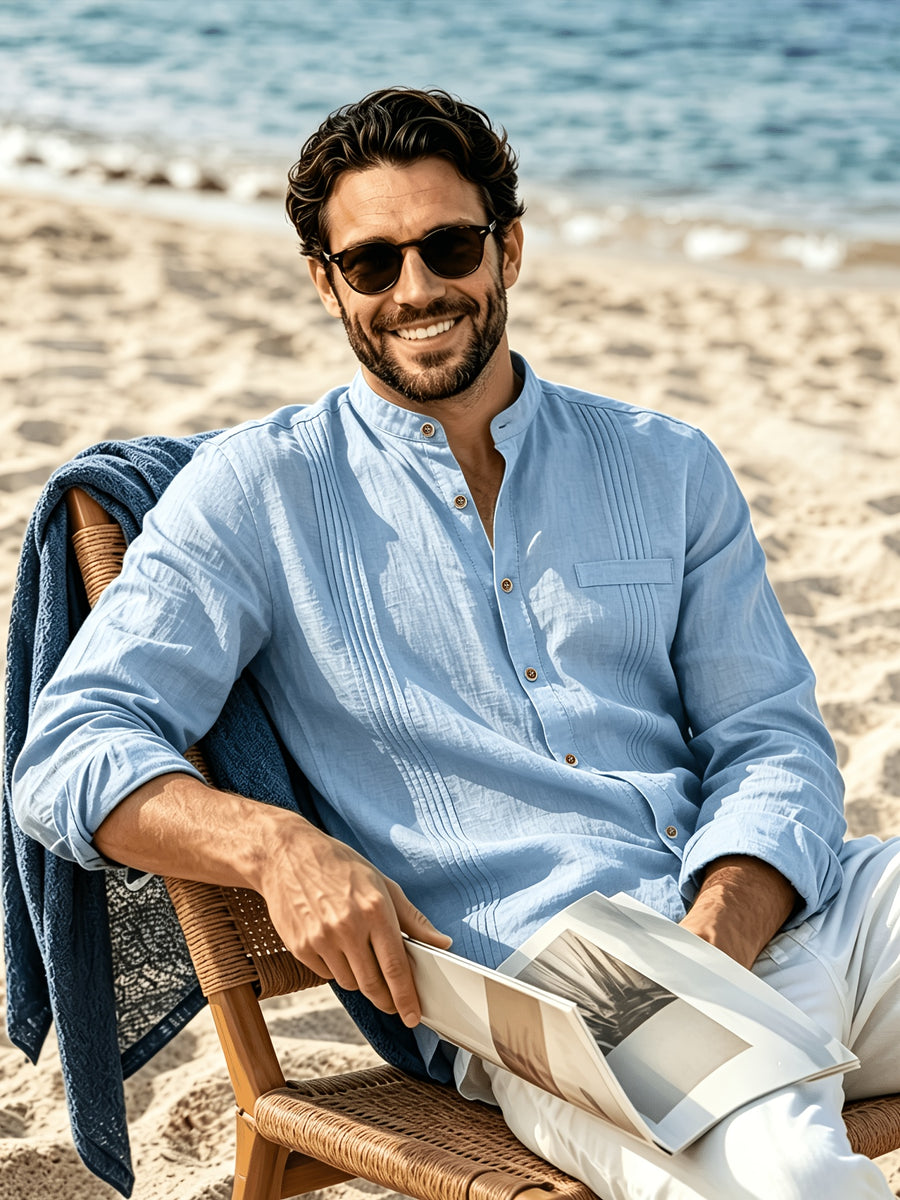 Men's Lightweight Breathable Linen Shirt with Stand-Up Collar & Roll-Up Sleeves - Retro Button-Front Suitable for Beach Vacation, Commuting, Casual Wear, Symmetrical Pleats, Single Pocket, Machine Washable Summer Top (Gift Selection) - Light Blue
