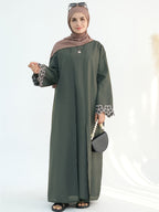 1pc Women's Elegant Floral Embroidered Saudi Arabian Abaya - Open Front Long Sleeve Loose Fit Islamic Dress, Middle Eastern Traditional Attire for Daily Wear, Vacation, Parties & Gatherings, Muslim Dress - Army Green