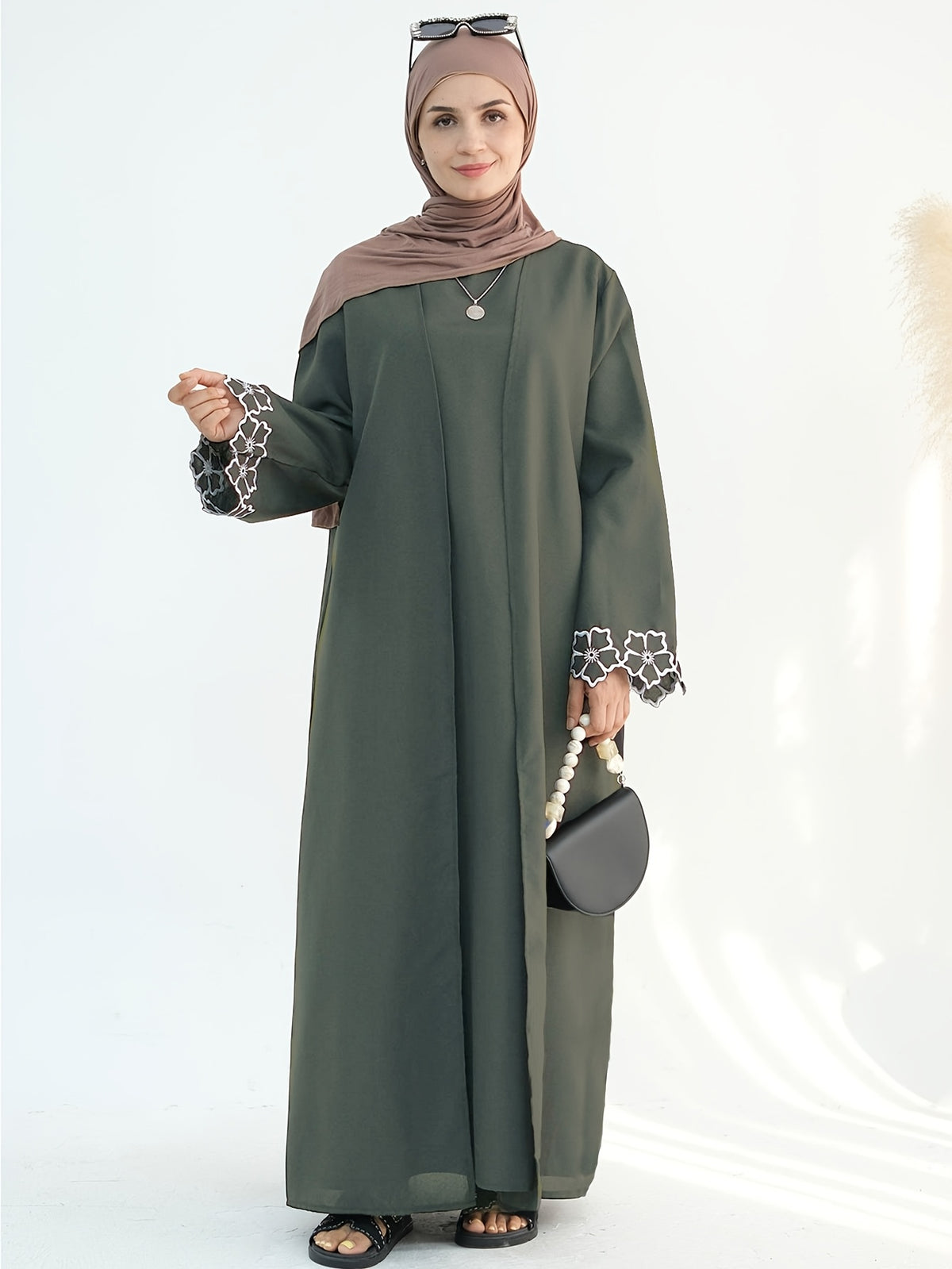 1pc Women's Elegant Floral Embroidered Saudi Arabian Abaya - Open Front Long Sleeve Loose Fit Islamic Dress, Middle Eastern Traditional Attire for Daily Wear, Vacation, Parties & Gatherings, Muslim Dress - Army Green