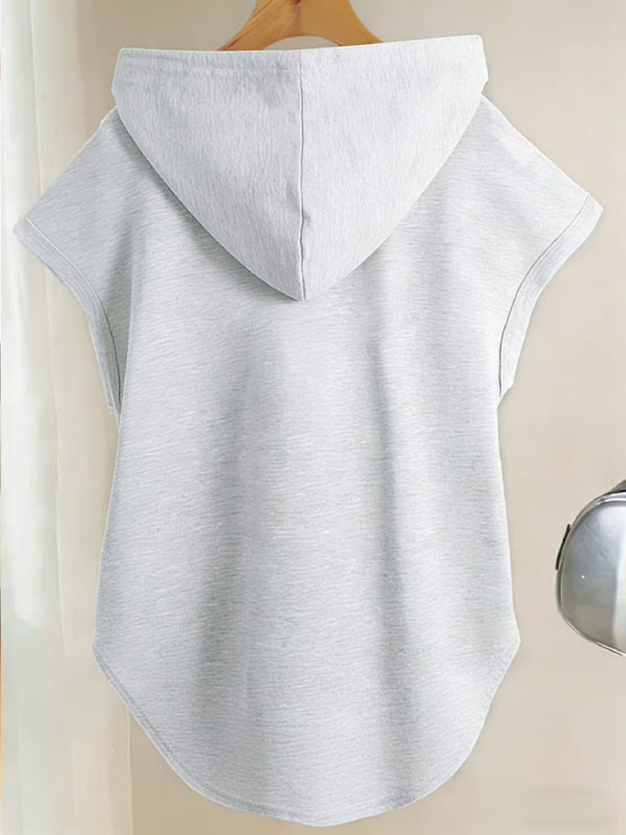 Y Style Hooded T-Shirt, Y2K Style Sleeveless Hooded T-Shirt, Lightweight Curved Hem T-Shirt Suitable for Casual Daily Wear - Grey