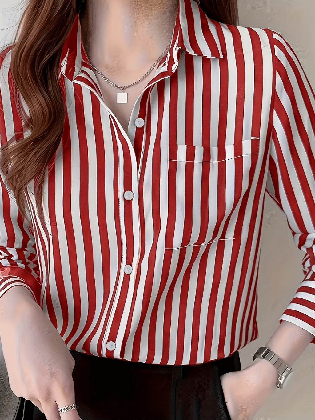 Women's Striped Button-front Shirt, Casual Long-sleeve Lapel Shirt - Red