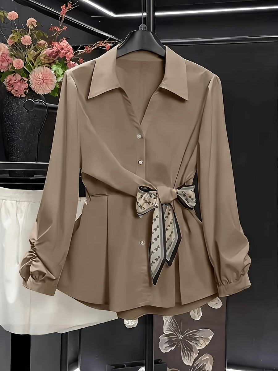 High-End Feel Commuter Versatile Exquisite Women's Shirt, Spring/Summer New Arrival Long-Sleeve Top, Waist-Cinching Stylish Blouse - Camel