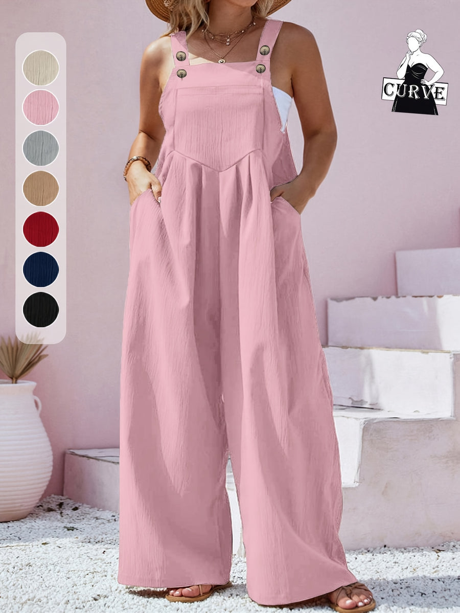 Plus Size - Spring Summer Women'S Plus Size Solid Color Button Bib Jumpsuit - Comfortable Casual Homewear (Front Length with Straps, Measure After Fastening Last Button) - pink