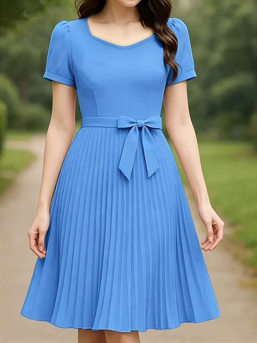 Elegant And Stylish Dress for Women with a Square Neckline, Drop Shoulder Sleeves, Solid Color, Featuring a Bow Design at The Waist, Easy to Wear And Remove, Machine Washable, Suitable for Outings And Dates, Perfect for Commuting Fashion - Vibrant Blue