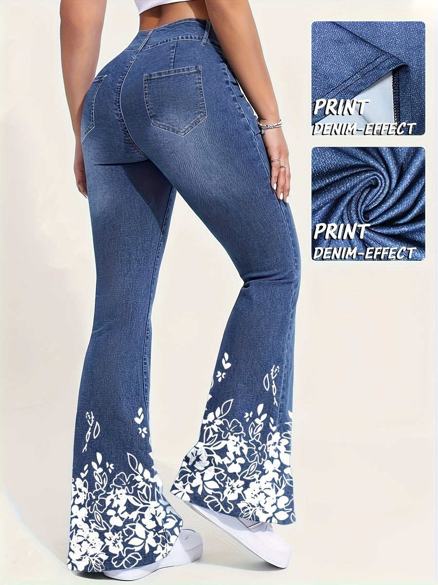 [Printed Pants - Not Faux Denim Fabric]Printed Legging - Not Faux Denim Fabric Targeted Development of European And American Women'S New Fashion Elegant Comfortable Digital Printing Imitation Faux Denim Pants Trousers Plant Non-Faux Denim Fabr - Navy Color