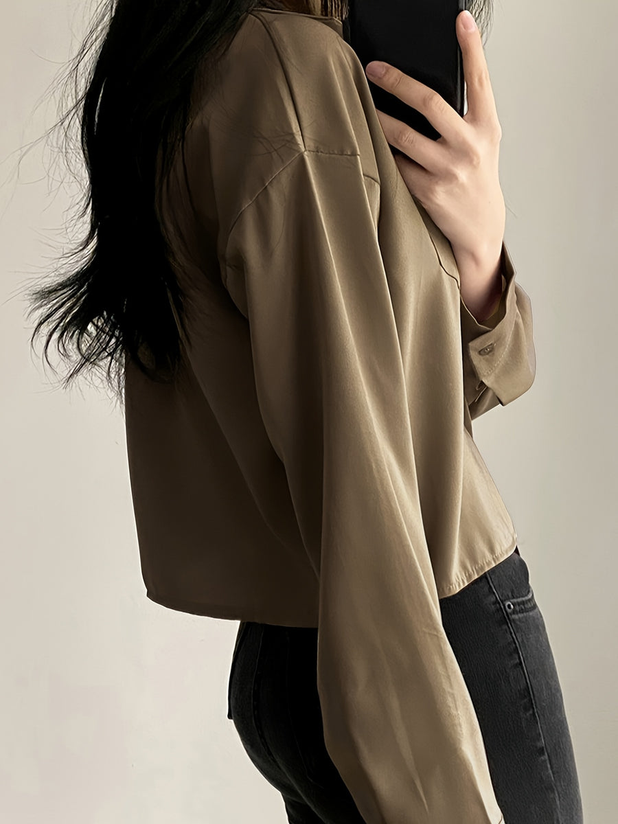 Easy Versatile Single-Button Loose Casual Solid Color Long Sleeve Shirt Top Women'S - 【Brown】