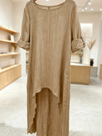 Women' Elegant Asymmetric Oversized Shirt - Loose Fit Long Sleeve Round Neck Blouse with Short Front & Extended Back Length, Layering Piece Suitable for Spring/Fall, Casual to Dressy Wear (No Stretch) - Light Coffee