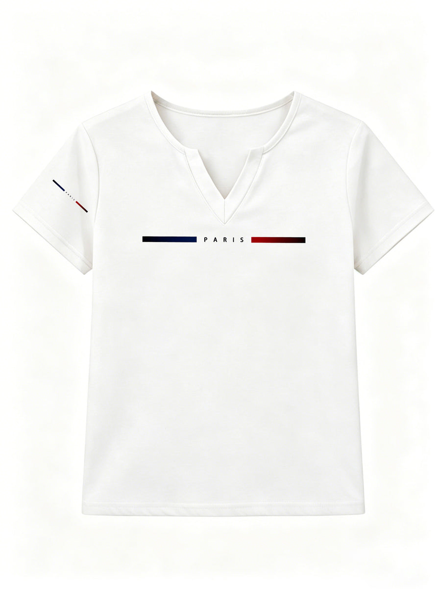 Patterned Printed Women' S V-neck T-shirt Short Sleeves Casual T-shirt Women's Clothing. - White