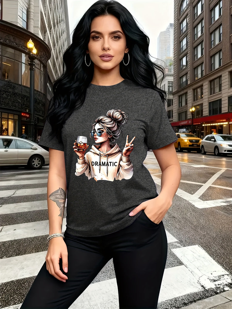 Street-style Trendy Art Print Featuring a Woman with a Bun Hairstyle and Fashion Glasses Holding a Red Wine Glass. Simple Round-neck Casual Versatile Short-sleeve Women's T-shirt, Suitable for Leisure, Travel, Vacation, and Other. 11643 - Dark Gray
