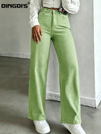 Ladie's 2026 New Stretch Straight-leg Apple Green Jeans, High-waisted Tummy-control Loose Denim Trousers, Elegant Women's Clothing, Washed Solid-color Business Casual Pants with Pockets, Baggy Comfortable Pantalones for Travel, Work and Office Wear - Apple Green