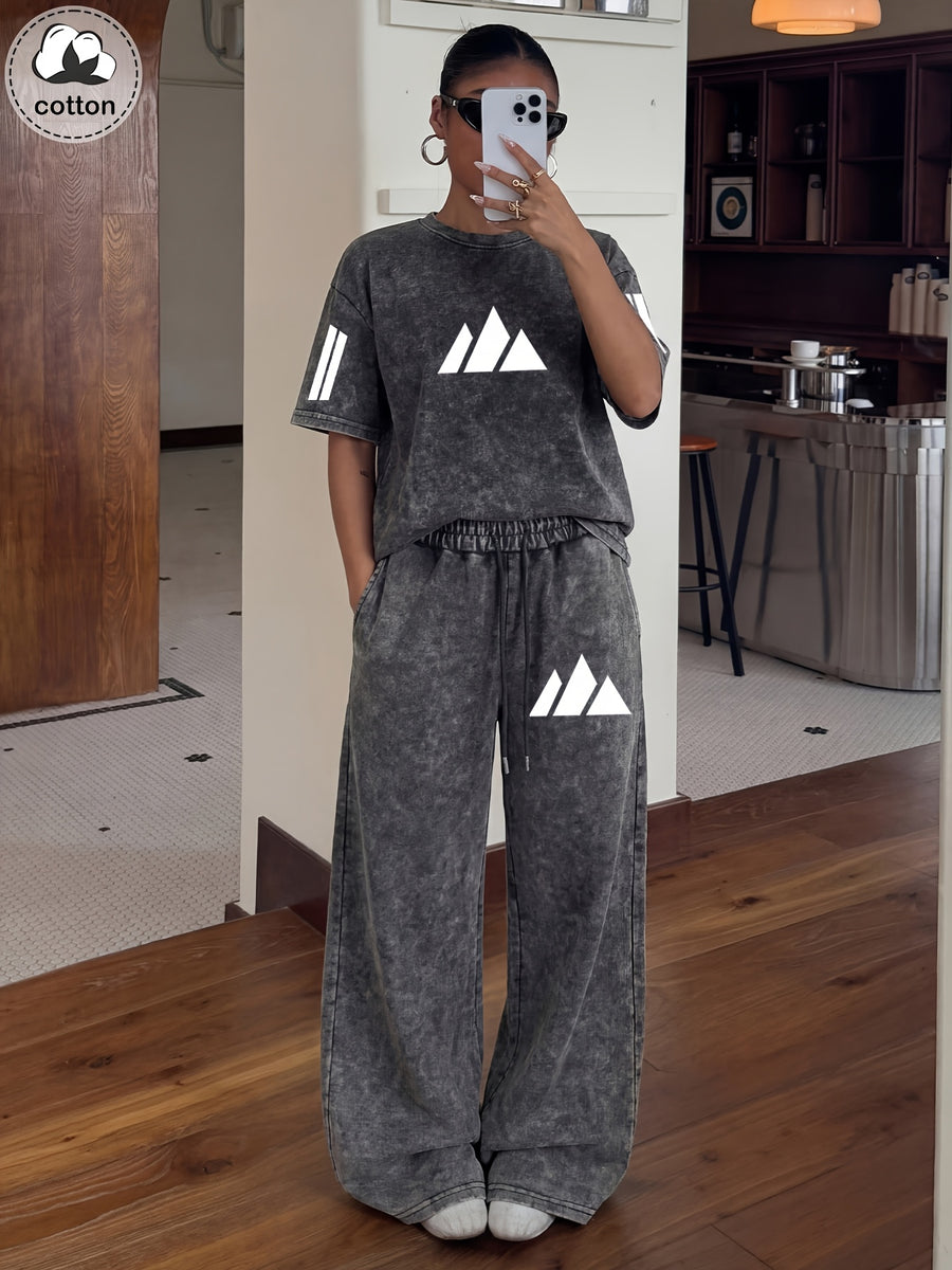 Women'S 2pcs Set, Washed Minimalist Mountain And Stripe Print Loose Short Sleeve T-Shirt And High-Waist Wide-Leg Athletic Pants, Retro Street Style Casual Home Wear Set, Daily Wear Loose Jogger Pants Set - Black+black