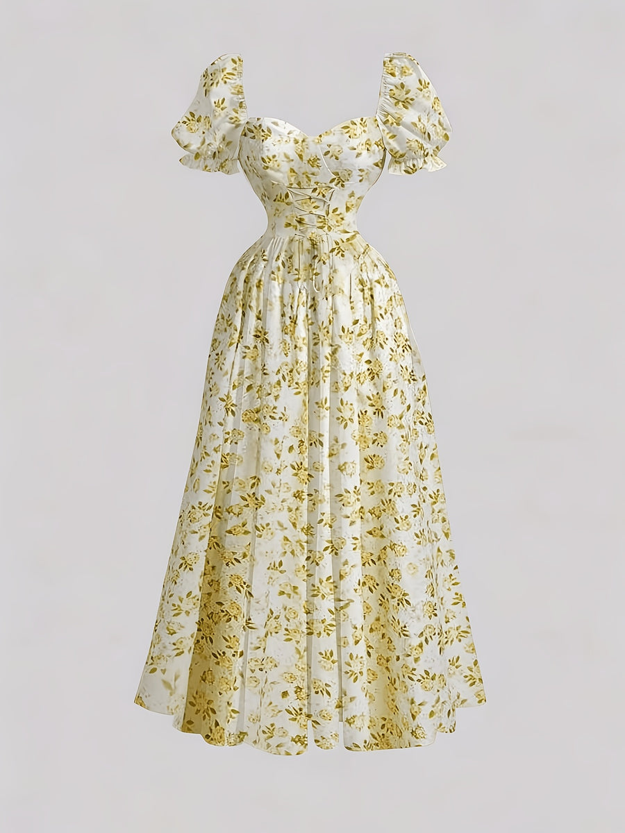 Ladies' New Spring And Summer Elegant Floral Print Long Dress, Bubble Sleeve Design, Front Waist Tie, Back Waist Shirred Waist, Elegant And Flowing, Romantic Long Dress, Suitable for Daily Wear, Party Gatherings, Vacation Holidays - Yellow
