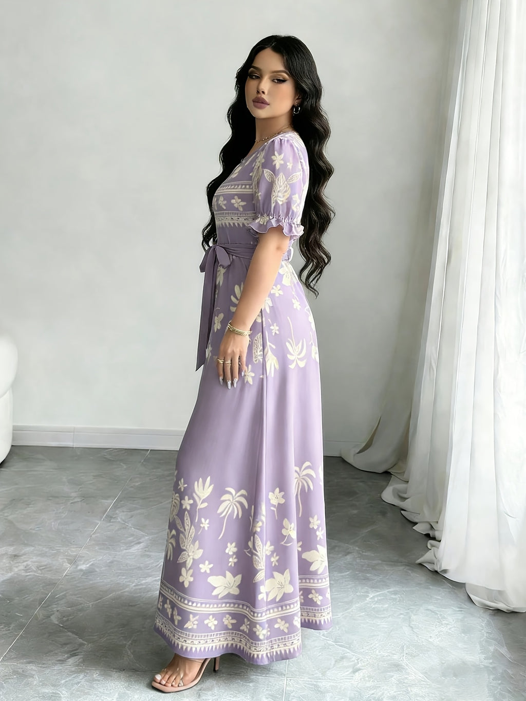 Holiday Gathering Vacation Dress Printed Dress Women'S Fashion Round Neck Short Puff Sleeve Skirt Design with Belt Waist-Cinching Long Dress Elegant Summer Dress ASD1 - Light Purple