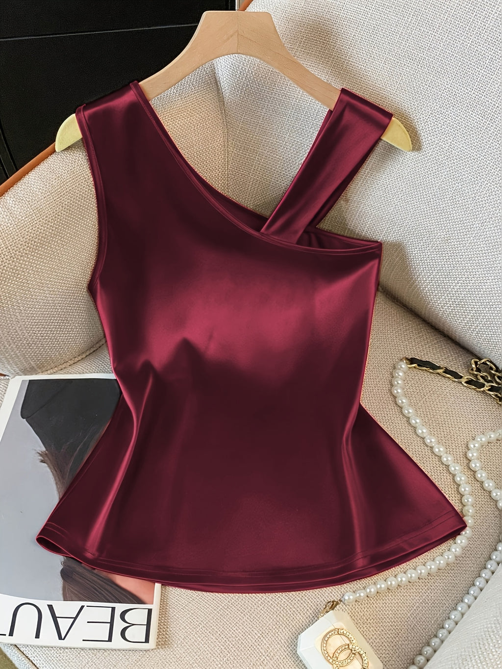 Women'S Elegant Asymmetrical Shoulder Textured Fabric Rose Floral Decoration Button Niche Design Vest Top - Burgundy