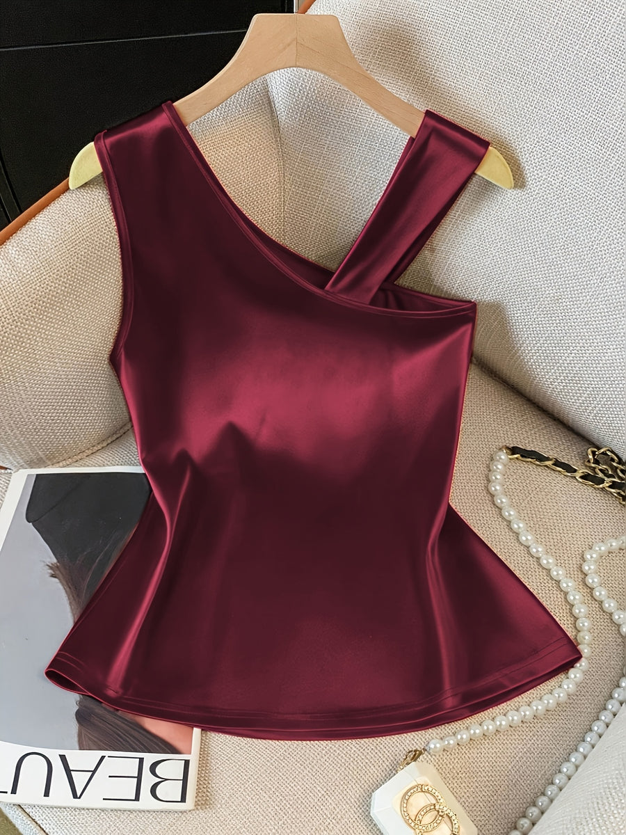 Women'S Elegant Asymmetrical Shoulder Textured Fabric Rose Floral Decoration Button Niche Design Vest Top - Burgundy