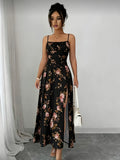 Summer Spaghetti Strap Backless Printed Dress, Elegant Women's Attire, Suitable for Valentine's Day, Beach, Thanksgiving, Graduation, Concerts, Brunch Parties, Commuting, Daily Wear, and Other Occasions - Black