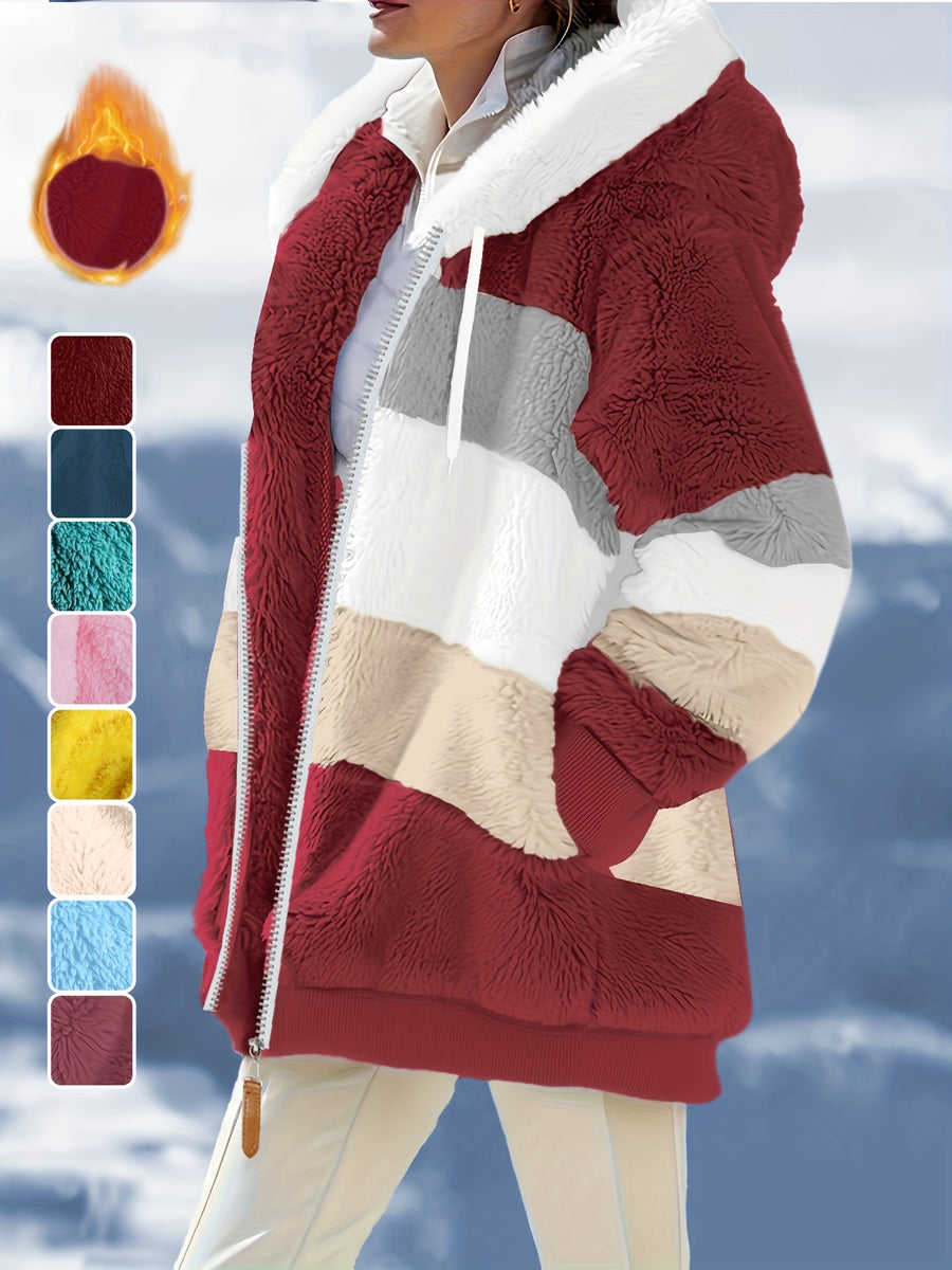 Women's Fuzzy Hooded Jacket Color Block Zip-Up Coat Warm Outerwear with Pockets for Autumn Winter Casual Outdoor Wear - Burgundy