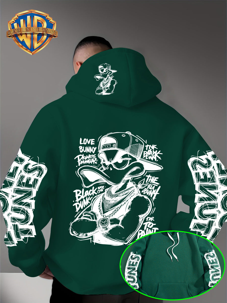 Dark Duffy Duck Pattern Print - Men'S Fashion Hoodie Sweatshirt, Trendy Sleeve Print Design, Suitable for Multi-Style Daily Wear Pullover, Soft And Delicate Touch, Helping You Be Comfortable And Stylish, Easily Mastered for Campus, Commuting - Green