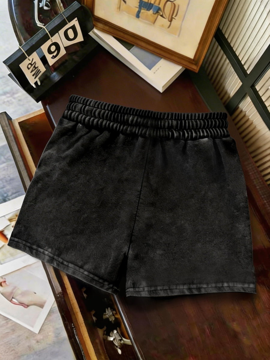 Solid Color Fermented Soft Waxy Fabric Ladies Casual Drawstring Pocket Shorts - Deep Grey