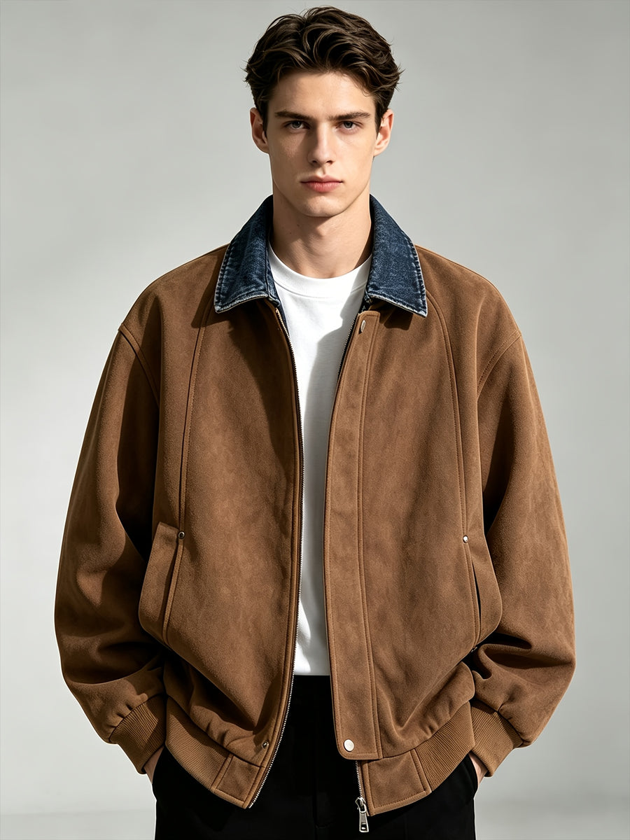 Men's American Vintage Style with Full Atmospheric Vibe! Denim Collar with Color-block Patchwork, Loose Drop-shoulder Fit for a Slimming and Versatile Look, the Perfect Streetwear Top Coat for Autumn and Winter. Trachten Jacket - Coffee Color