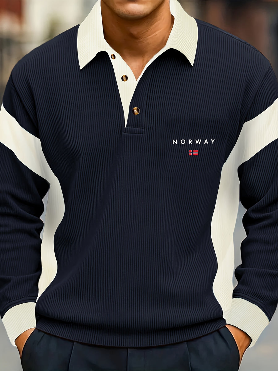 Pearson OBM Spring/Autumn Men's New Chic Color-Block Printed Lapel Polo Shirt, Versatile and Stylish, Suitable for Daily Casual Wear and Various Outdoor Occasions - Navy Blue-NO