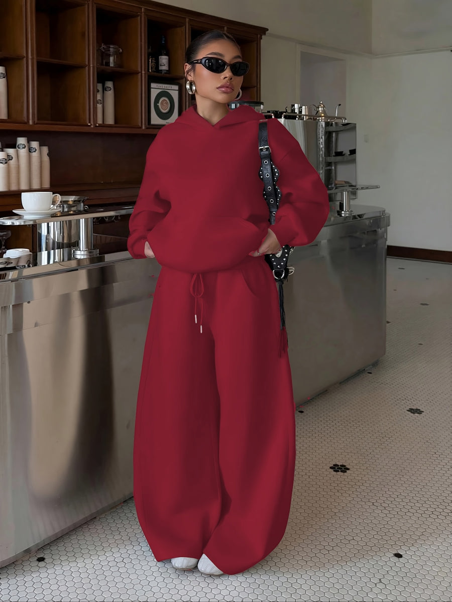 Women'S Fall Winter Athletic Sweatshirt And Long Pants Set, Top Loose Hooded Design, Bottom Loose Athletic Pants with Elastic Drawstring Waistband, Suitable for Outdoor Running, Gym Training, And Casual Home Wear, Comfortable And Non-Restrictive - Burgundy
