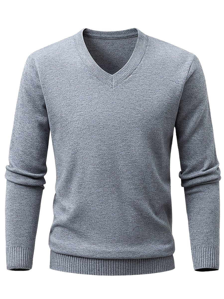 Autumn/Winter New V-Neck Solid Color Pullover Casual Versatile Knit Top for Men - Medium Gray