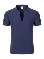 Men's Solid Color V-Neck Short Sleeve T-Shirt, Summer Casual Breathable Solid Color Top, Simple Fashionable Trendy Men's Clothing - Navy Color
