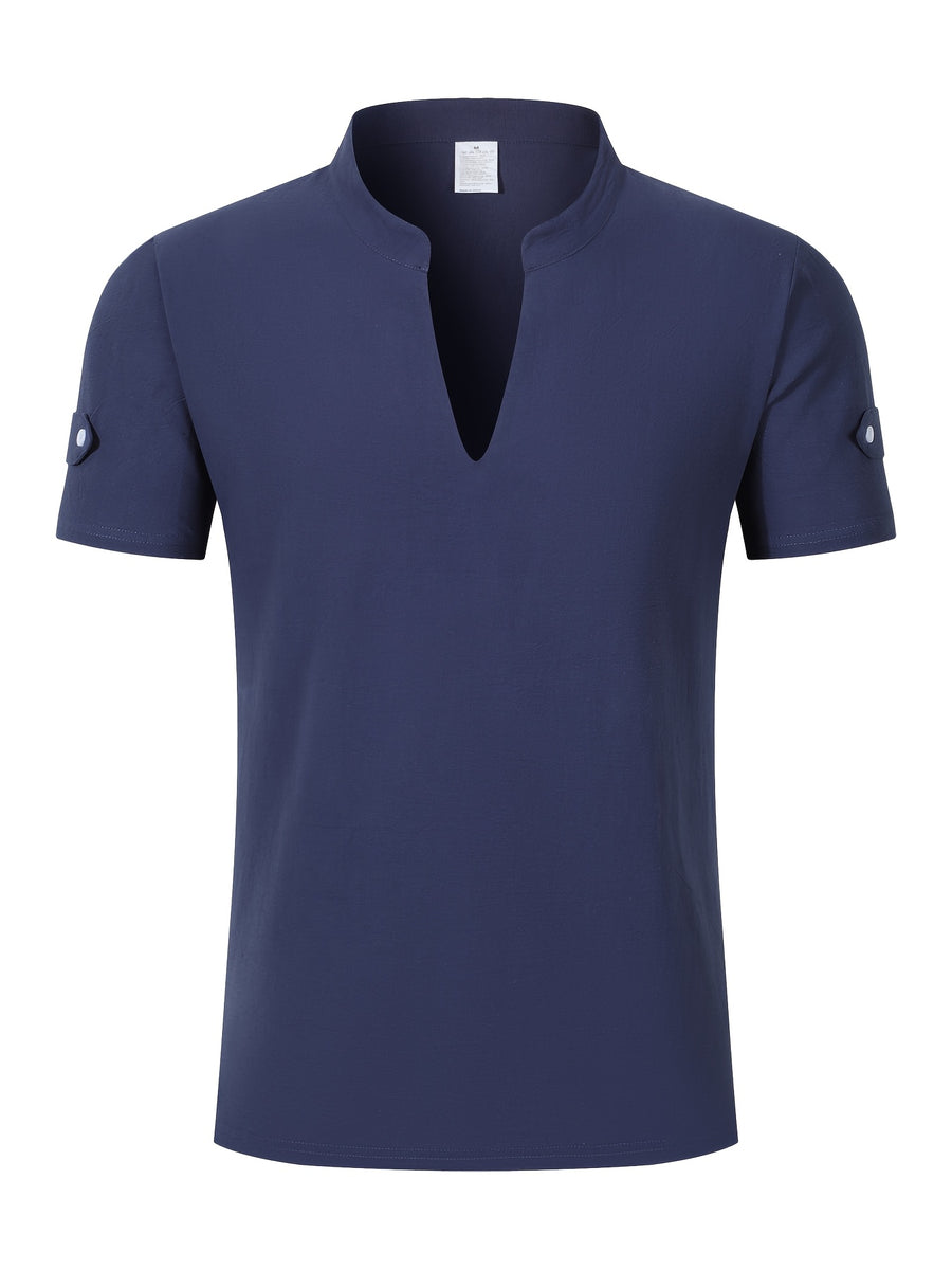 Men's Solid Color V-Neck Short Sleeve T-Shirt, Summer Casual Breathable Solid Color Top, Simple Fashionable Trendy Men's Clothing - Navy Color