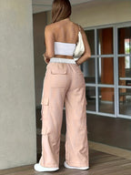 Women'S Casual Cargo Pants with Side Seam Drawstring and Color Block Details | Long Length, Multiple Pockets, Zipper Fly Closure, Loose Fit - Pink Color