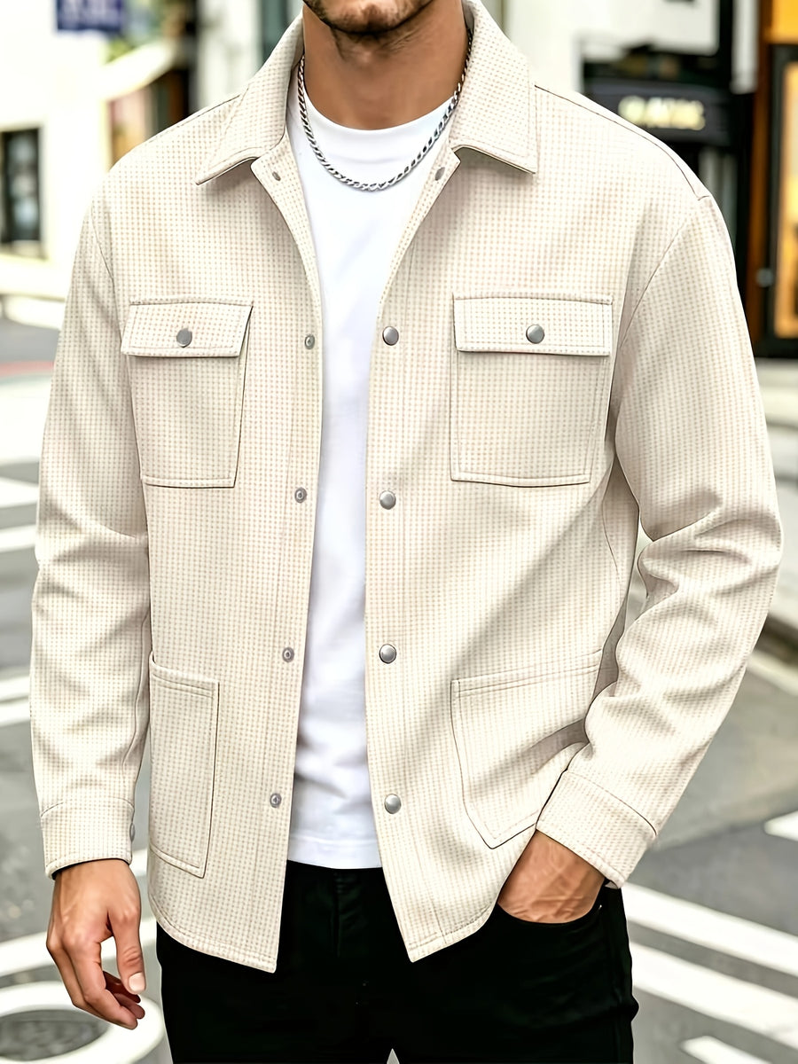 Mens Textured Waffle Shacket Collar Button Front Multi Pocket Long Sleeve Outerwear Top - Khaki