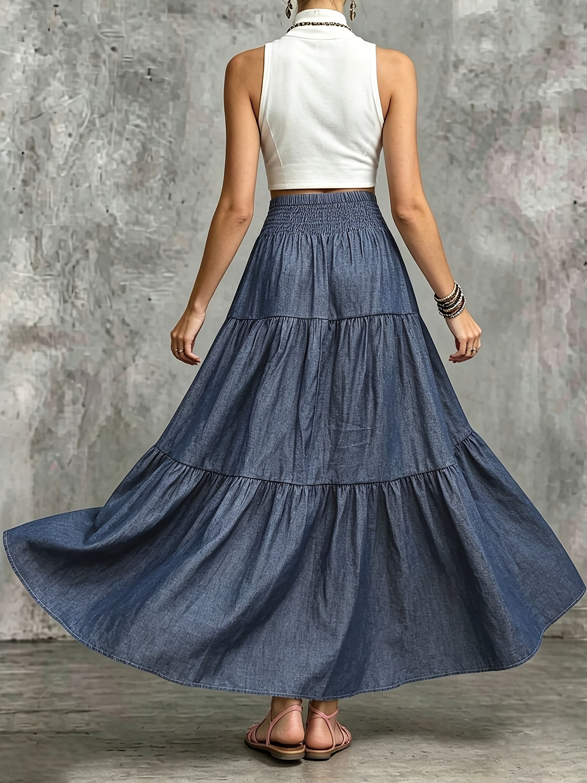 [Printed Pants - Not Denim Fabric] Women's Summer/Autumn Casual Elegant High-Quality Rayon Imitation Denim Color Comfortable Elastic Waistband Drawstring Fashion Solid Color Pleated Layered Skirt - Navy Color