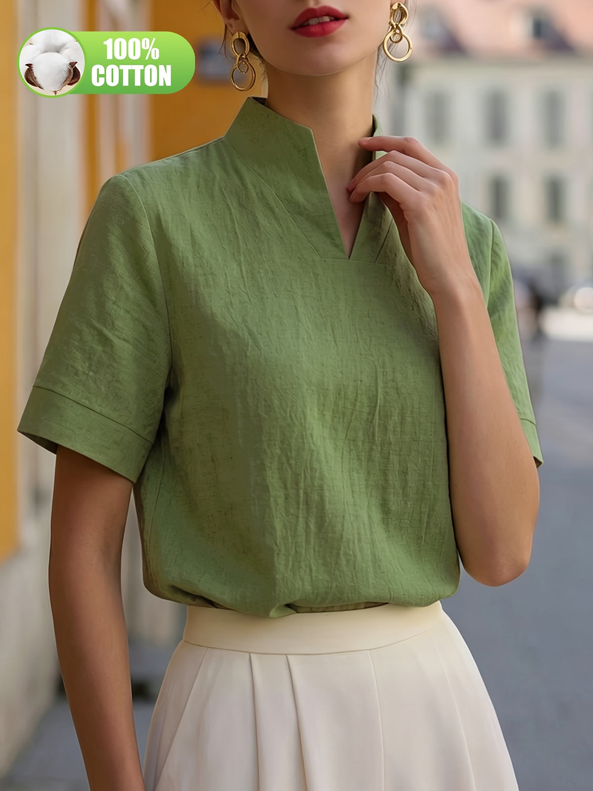 Elegant and Summer New Style Fashionable 100% V-Neck Back Zipper Short Sleeve Everyday Versatile T-Shirt Top ASD1 for Women of Distinguished Temperament - Green