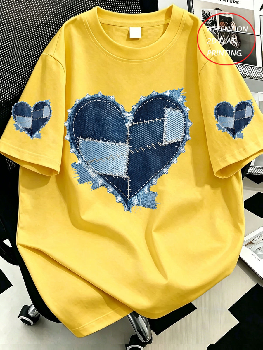 Plus Size, Plus Size Women's Casual Denim Patchwork Heart Print Crew Neck T-Shirt, Comfortable and Relaxed, Suitable for Summer Vacations, Beach, Holidays, Spring, Valentine's Day, Carnival Gifts - Yellow