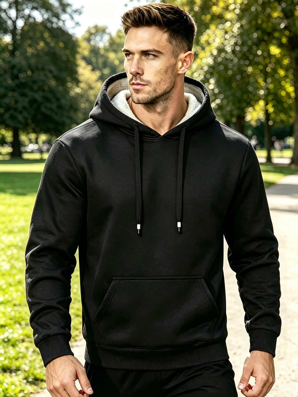 1pc Men'S Winter Thickened Lamb Fleece Hooded Sweatshirt, Black Solid Warm Pullover Top, Loose Kangaroo Pocket Long Sleeve Cold-Proof Hooded Jacket, Sports Fitness Commute Outdoor Casual Outerwear - Black