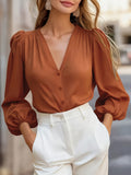 A Solid Color V-Neck Lantern Sleeve Shirt for Women, Stylish And Versatile, Essential for Commuting - Brown