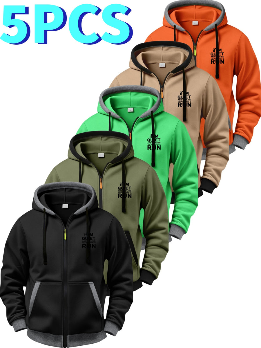 5pcs Set of Color-Blocked Full-Zip Hooded Cardigans, Easy Layered Thick RUN Inspirational English Short Sentence Small Print Loose Drawstring Casual Long Sleeve Jacket - Black + Army Green + Grass Green + Orange + Khaki