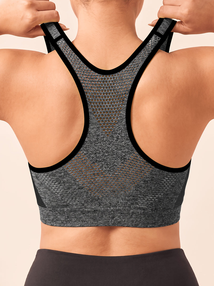 Plus Size Women'S Solid Color Wire-Free Front Zip Sports Bra, Gathering Fit Comfortable Breathable Casual Athletic Style, Suitable for Running, Fitness, Yoga, Outdoor Activities, And All Seasons - Black