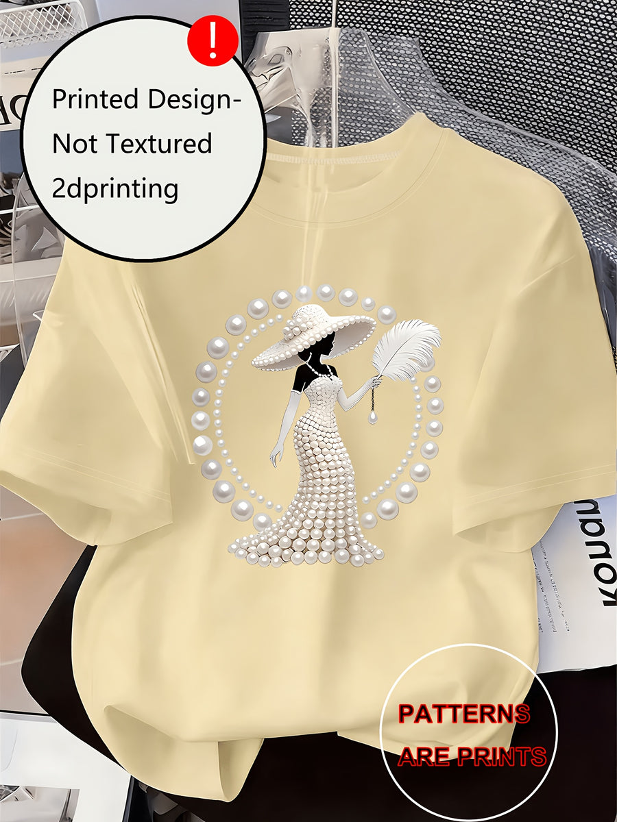 Printed Design Casual Crew Neck T-Shirt, Spring/Summer Fashion Women's T-Shirt [Printed Design – Not Textured] - Apricot