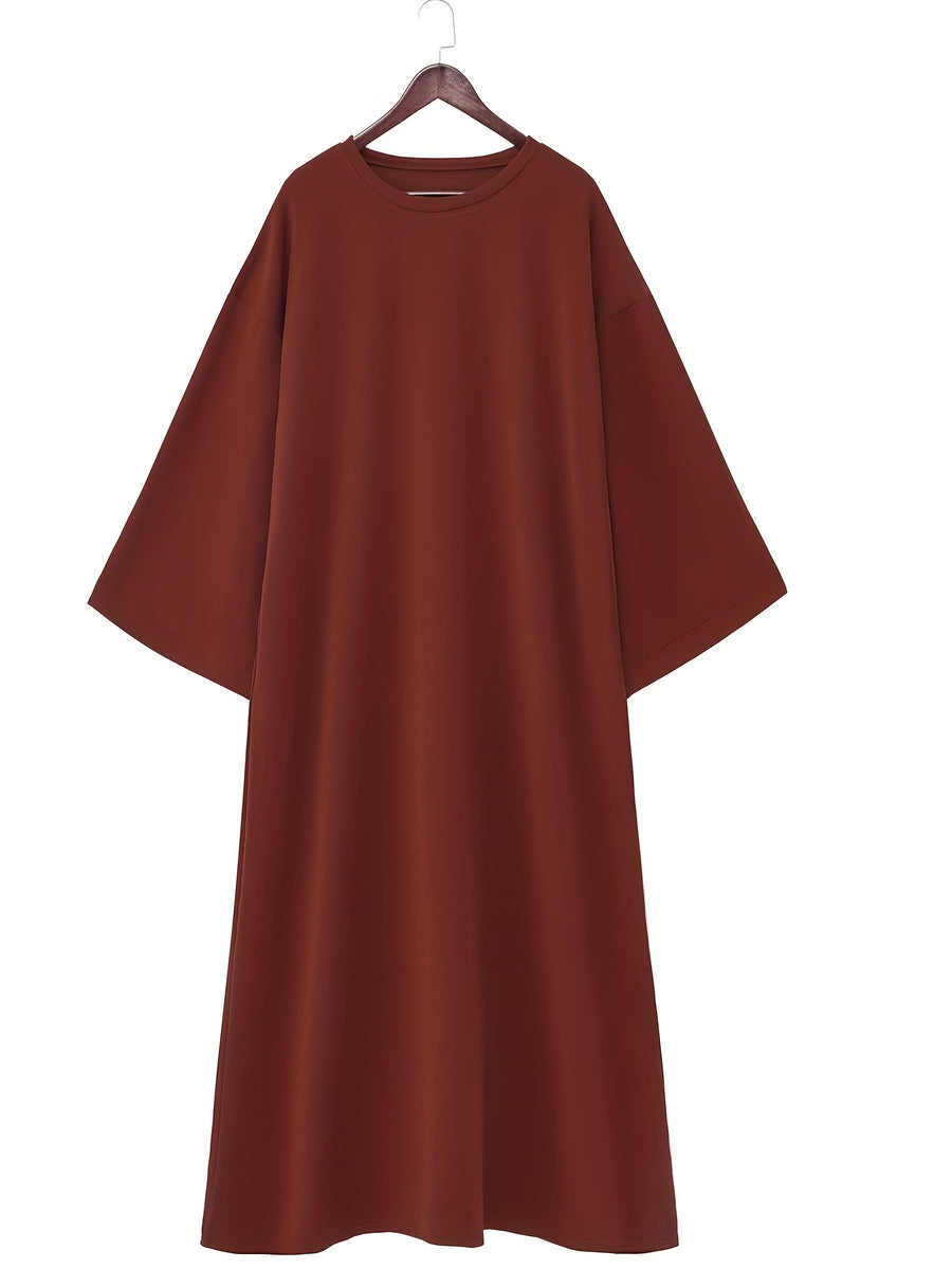 1pc Middle Eastern Sweatshirt Dress, Muslim Minimalist Solid Color Dress, Saudi Arabia Women's Elegant Round Neck Cover-Up Casual Inner Wear Dress with Pockets - Coffee Brown