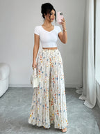 Boho Floral Pleated Wide Leg Pants | Women'S High-Waisted Casual Summer Flowy Palazzo Trousers - White