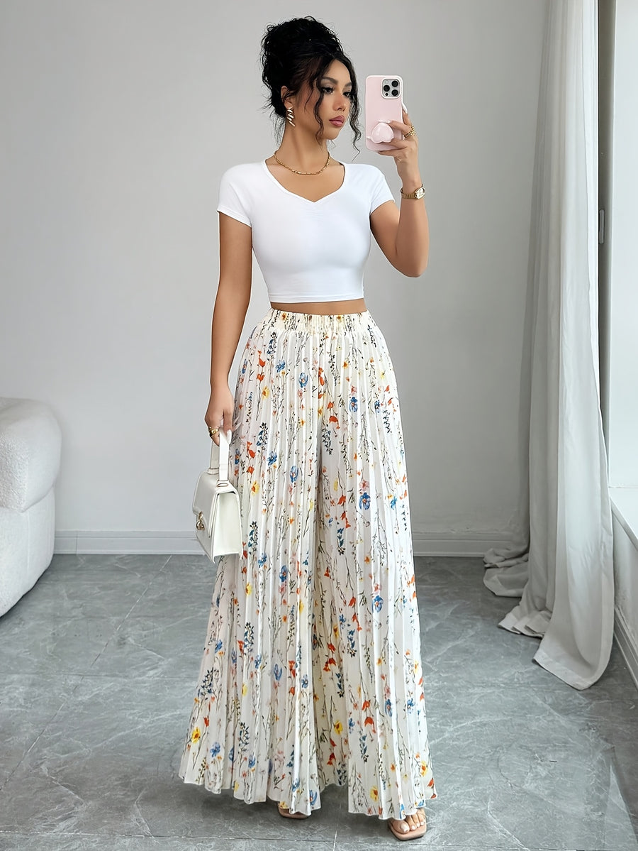 Boho Floral Pleated Wide Leg Pants | Women'S High-Waisted Casual Summer Flowy Palazzo Trousers - White